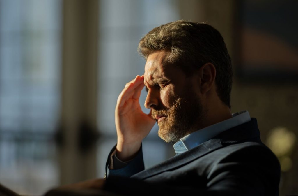 An adult suffering from a headache sitting in a dark room with his eyes closed lightly massaging his forehead for relief