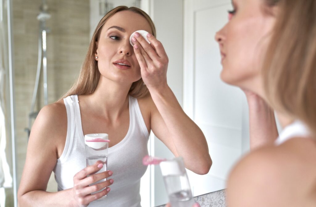 A person looking in the mirror as they rub their eyelids with a cotton pad and cleanser.
