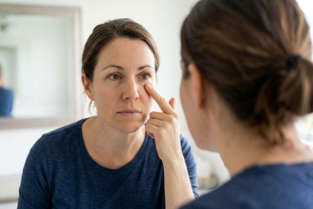 Adult examining their own eye in a bathroom mirror, pressing one finger beside their eye with a focused expression.