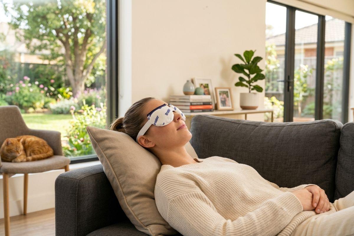 Person reclining on a gray sofa wearing an eye mask, relaxed, with a cat sleeping on a chair by sunlit garden windows.