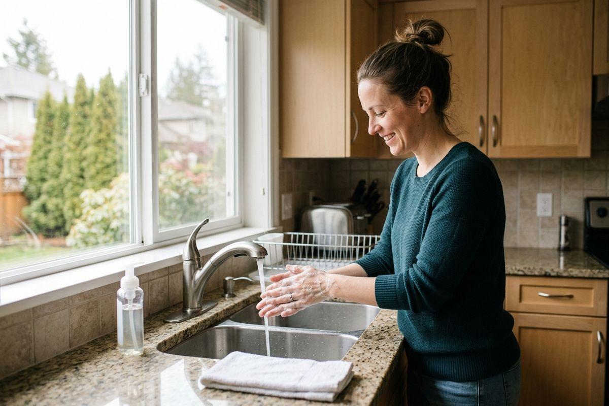 Smiling adult washing soapy hands at a kitchen sink, with a hand towel and soap bottle nearby.
