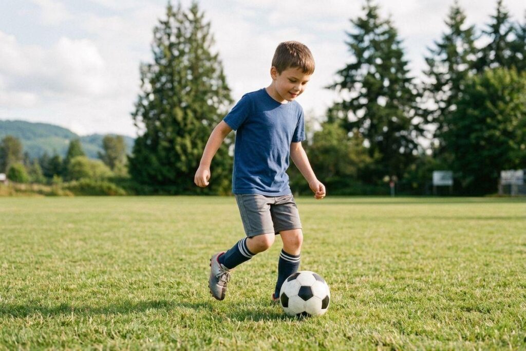 A child in a blue shirt kicking a soccer ball on a grass field, smiling, with trees and hills in the background.