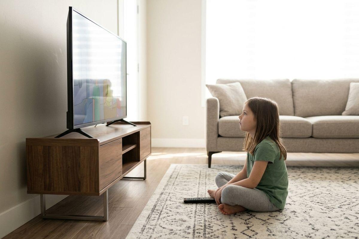 A child sitting cross-legged on a rug in a living room, watching a cartoon on a large TV, with a remote control nearby.