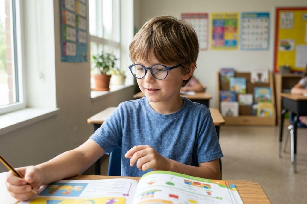 A child wearing blue glasses sits at a classroom desk, smiling as they read a colorful workbook and hold a pencil.