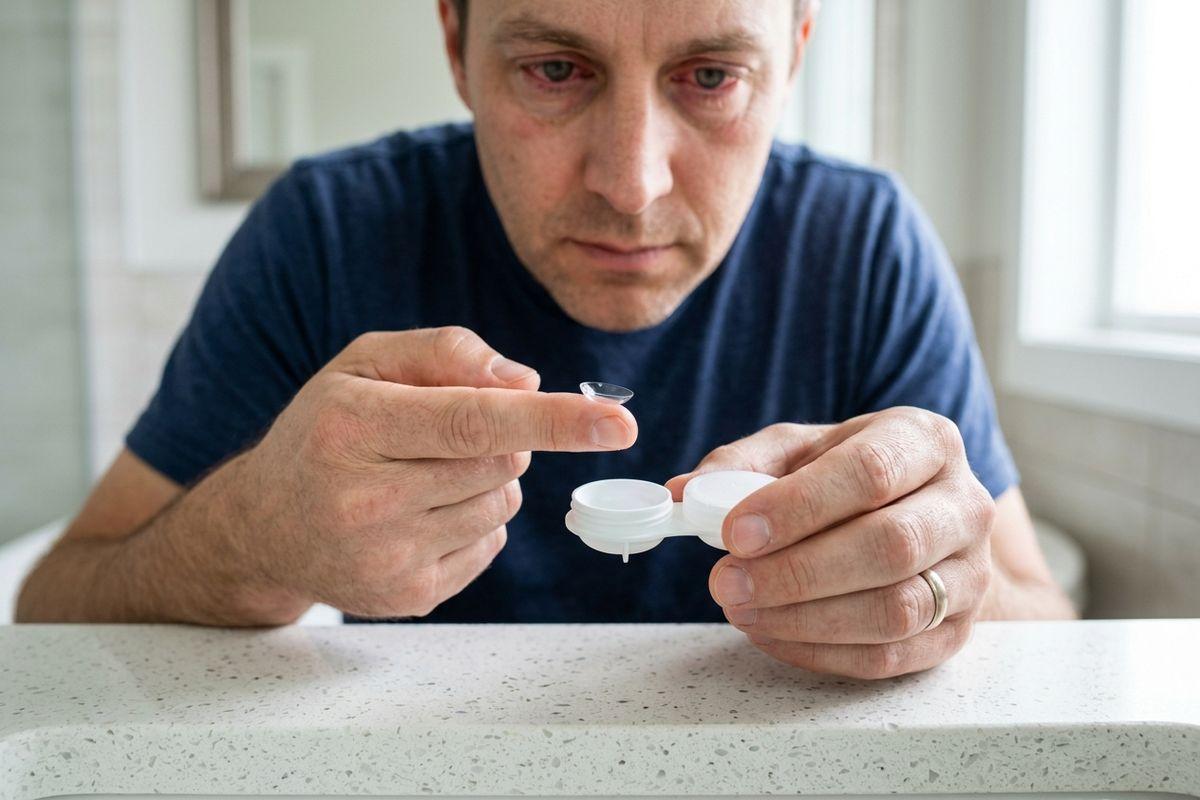 Adult holding a contact lens on a fingertip above an open lens case at a bathroom counter, looking down with a focused expression.
