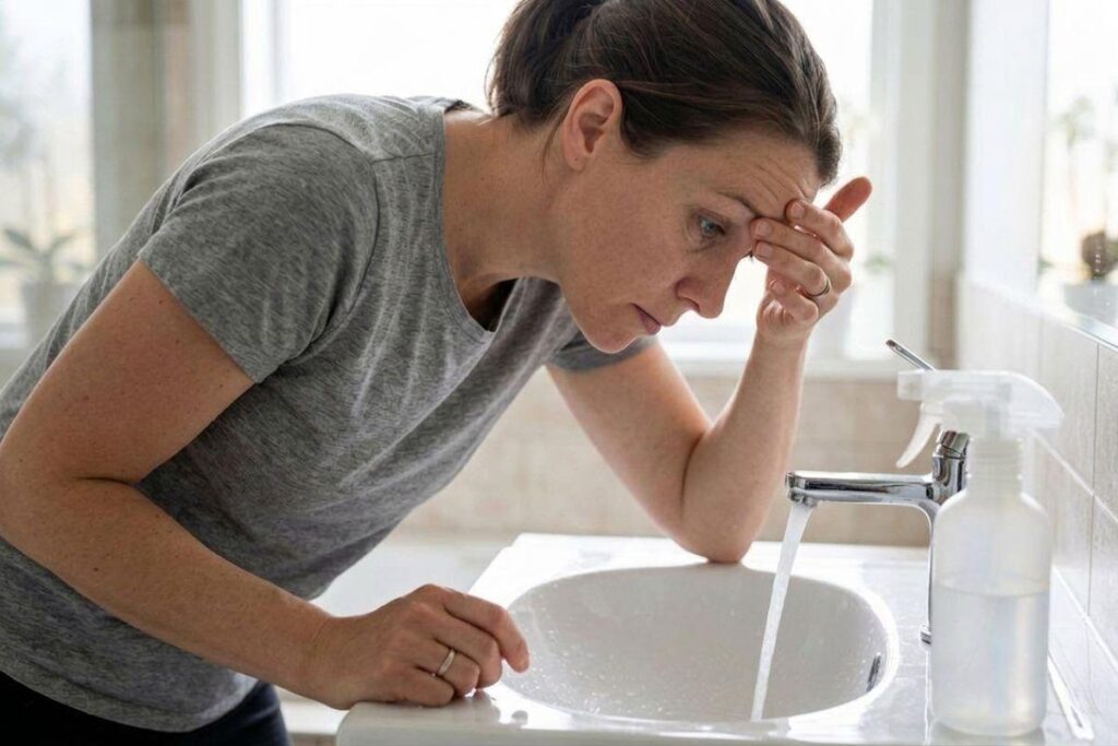 Adult in a grey T-shirt leaning over a bathroom sink with running water, hand pressed to forehead, looking down with a pained expression.