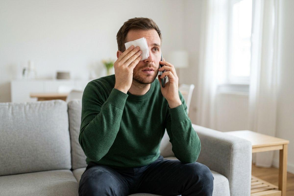 Adult sitting on a sofa holding a folded tissue over one eye while talking on a mobile phone, looking concerned.