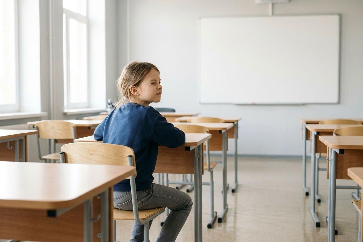 Child in a blue sweater sits alone at a desk in an empty classroom, squinting toward a blank whiteboard.