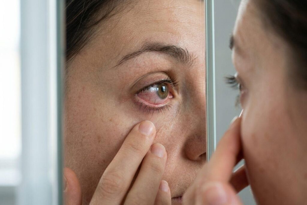 Close-up of a person pulling down the lower eyelid with a fingertip while looking at their reflection in a mirror.
