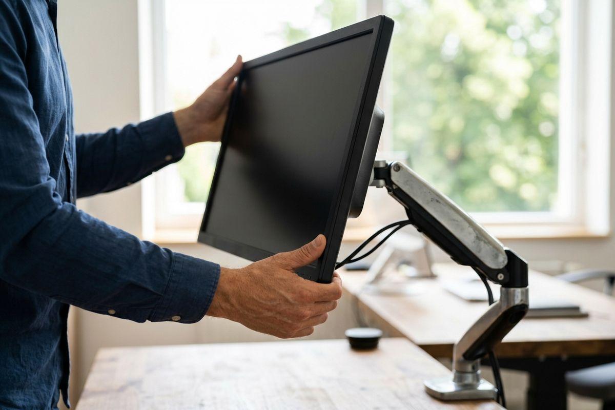 Person in a blue shirt adjusting a computer monitor on an articulating desk mount at a wooden desk by a window.