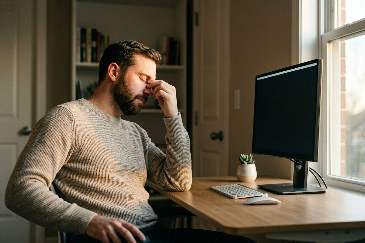 Person in a knit sweater sits at a desk with eyes closed, pinching the bridge of the nose beside a monitor, keyboard and window.