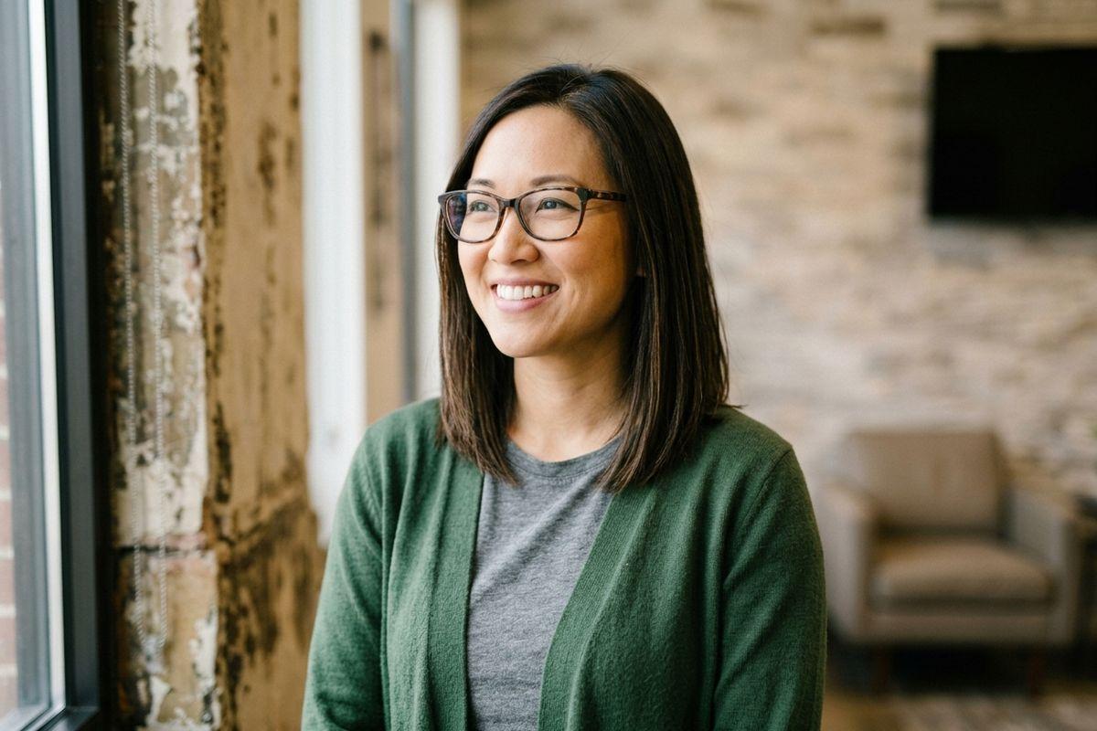 Smiling adult wearing glasses and a green cardigan standing near a window in a room with exposed brick walls.