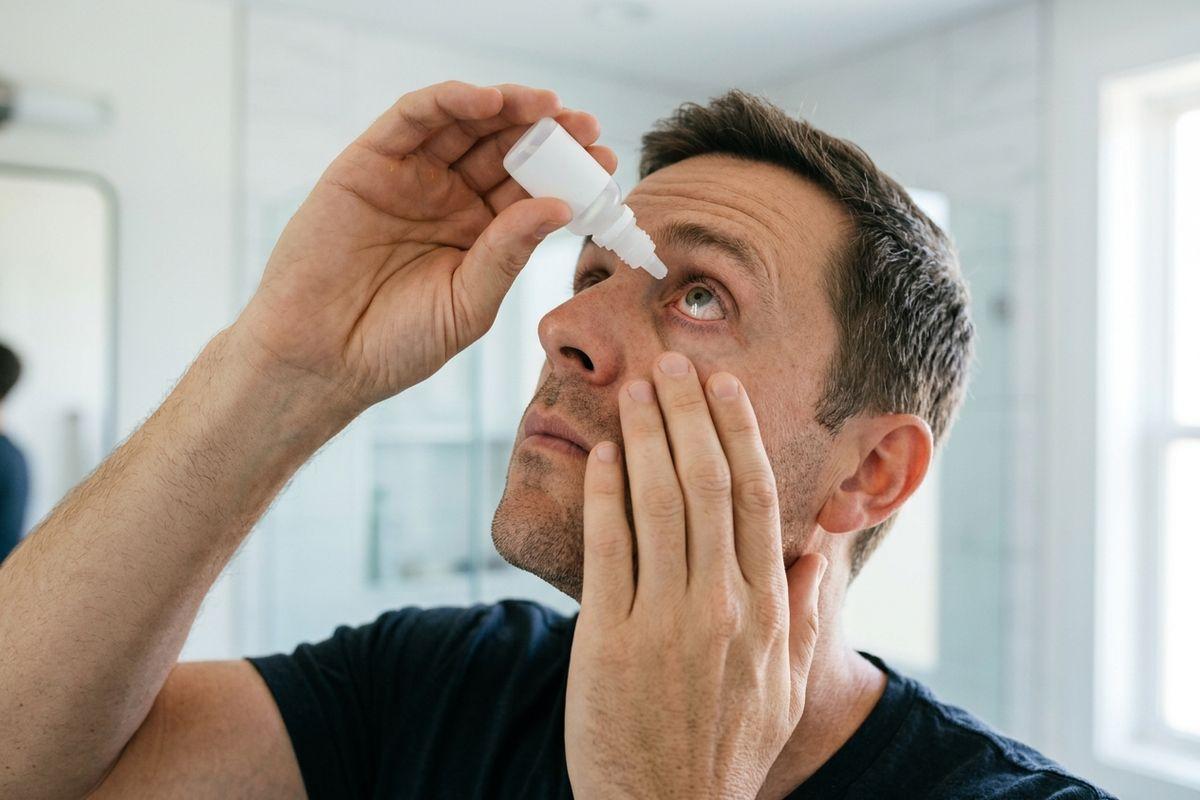 Adult applying eye drops from a small white bottle, pulling down lower eyelid with fingers while looking up, in a bright bathroom.