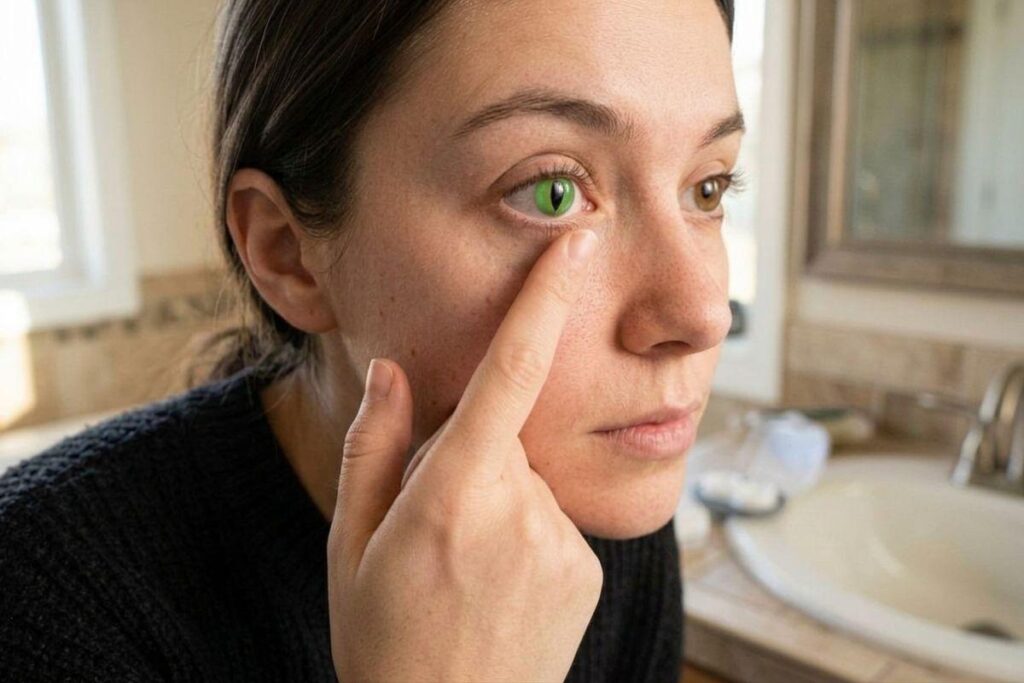 Adult in a bathroom pulls down their lower eyelid, wearing a green cat-eye costume contact lens in one eye; the other eye is brown. Sink behind.