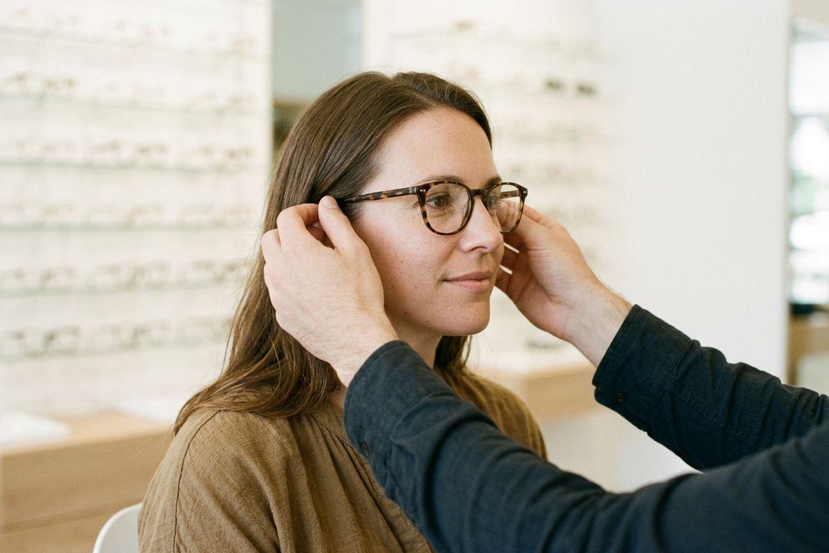 Optician adjusts tortoiseshell glasses on a smiling seated adult in an eyewear shop, with walls of frames on display behind.
