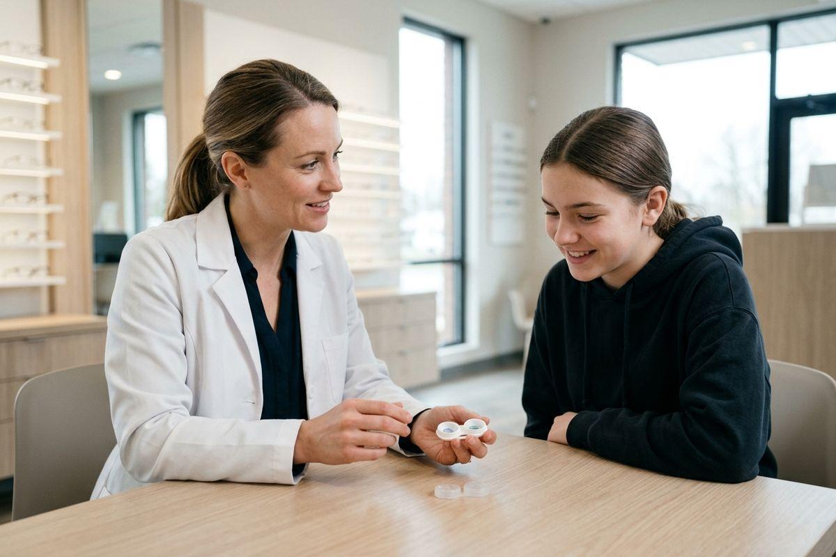 Optometrist shows a contact lens case to a smiling teen at a table in an eyewear shop, with glasses displayed on shelves behind them.