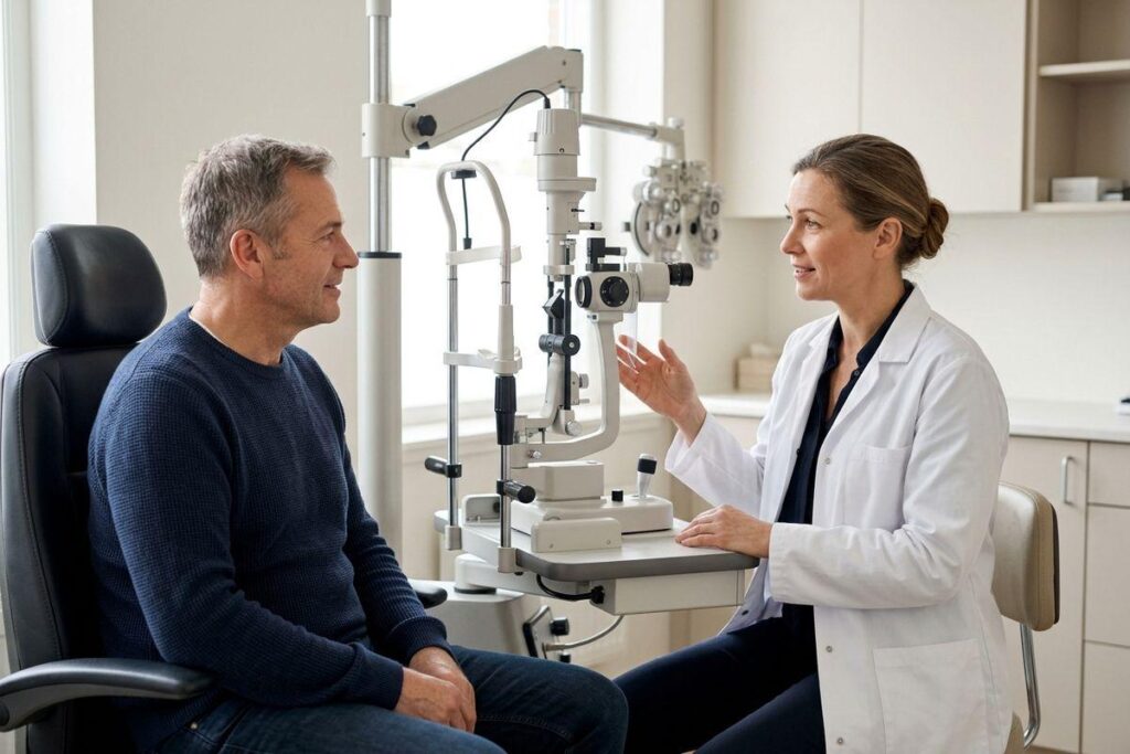 Optometrist talks with a smiling adult patient seated in an exam chair beside a slit lamp and phoropter in a bright eye exam room.